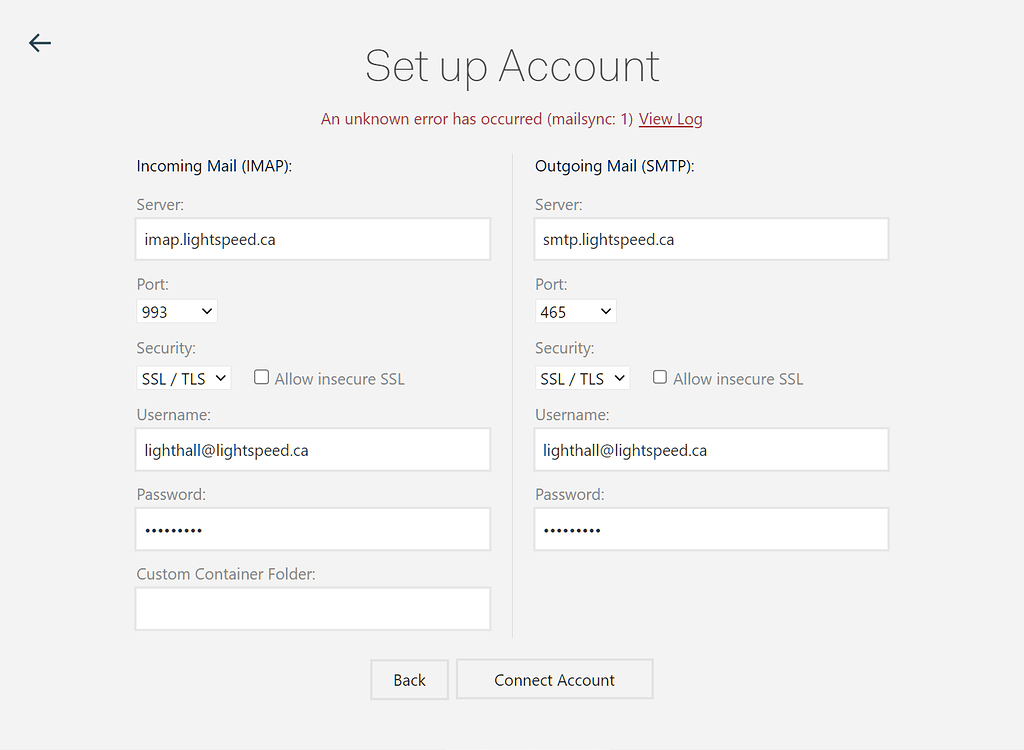 Fail and errror generated on adding account using SMTP/IMAP screen ...